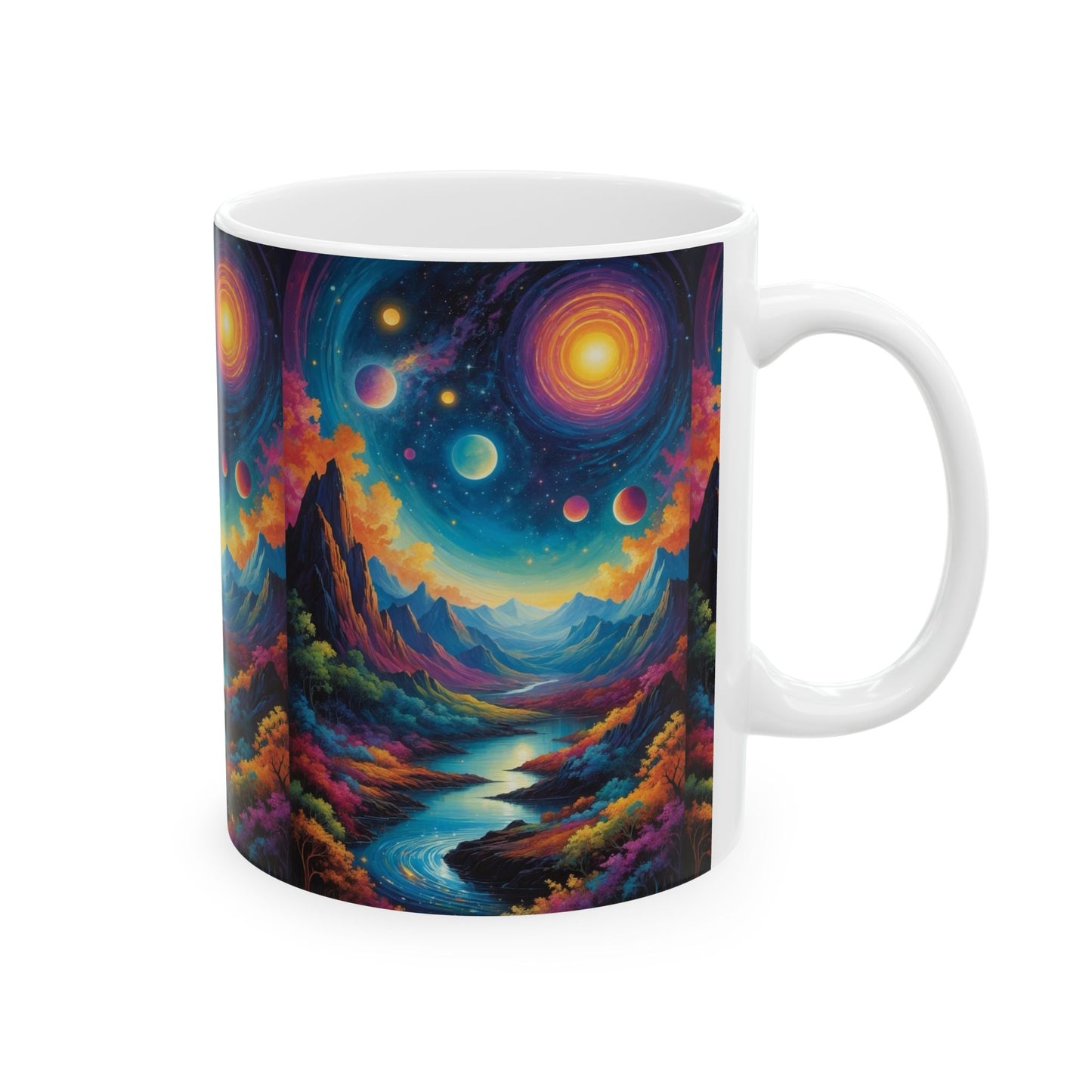 Ceramic Mug, (11oz, 15oz) with vibrant cosmic landscape design for coffee or tea.