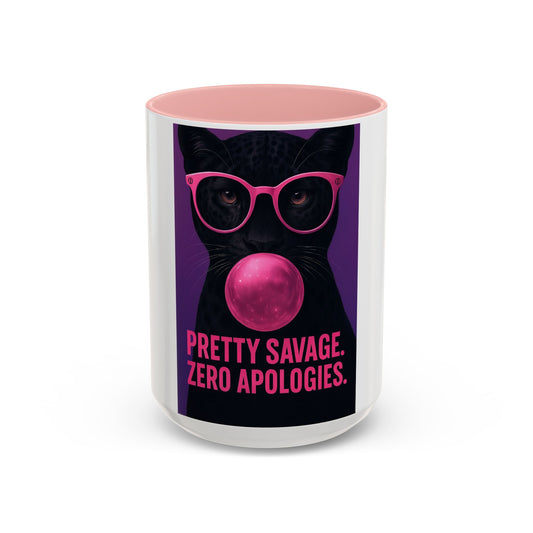 Pretty Savage Zero Apologies™ Pop Art Mug – Bold Black Cat Bubblegum Cup (15oz)