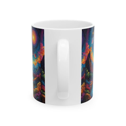 Ceramic Mug, (11oz, 15oz) with colorful galaxy design, perfect for personalized gifts and everyday use.