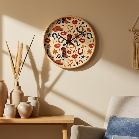 Cowgirl Kiss Wild West Wall Clock – Retro Western Lips, Stars & Boots Pattern