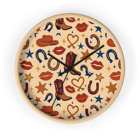 Cowgirl Kiss Wild West Wall Clock – Retro Western Lips, Stars & Boots Pattern