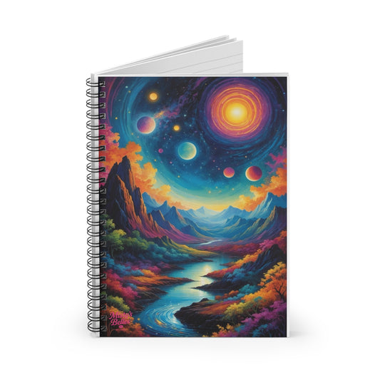 Spiral Notebook - Ruled Line with vibrant cosmic landscape design featuring mountains, a river, and planets.