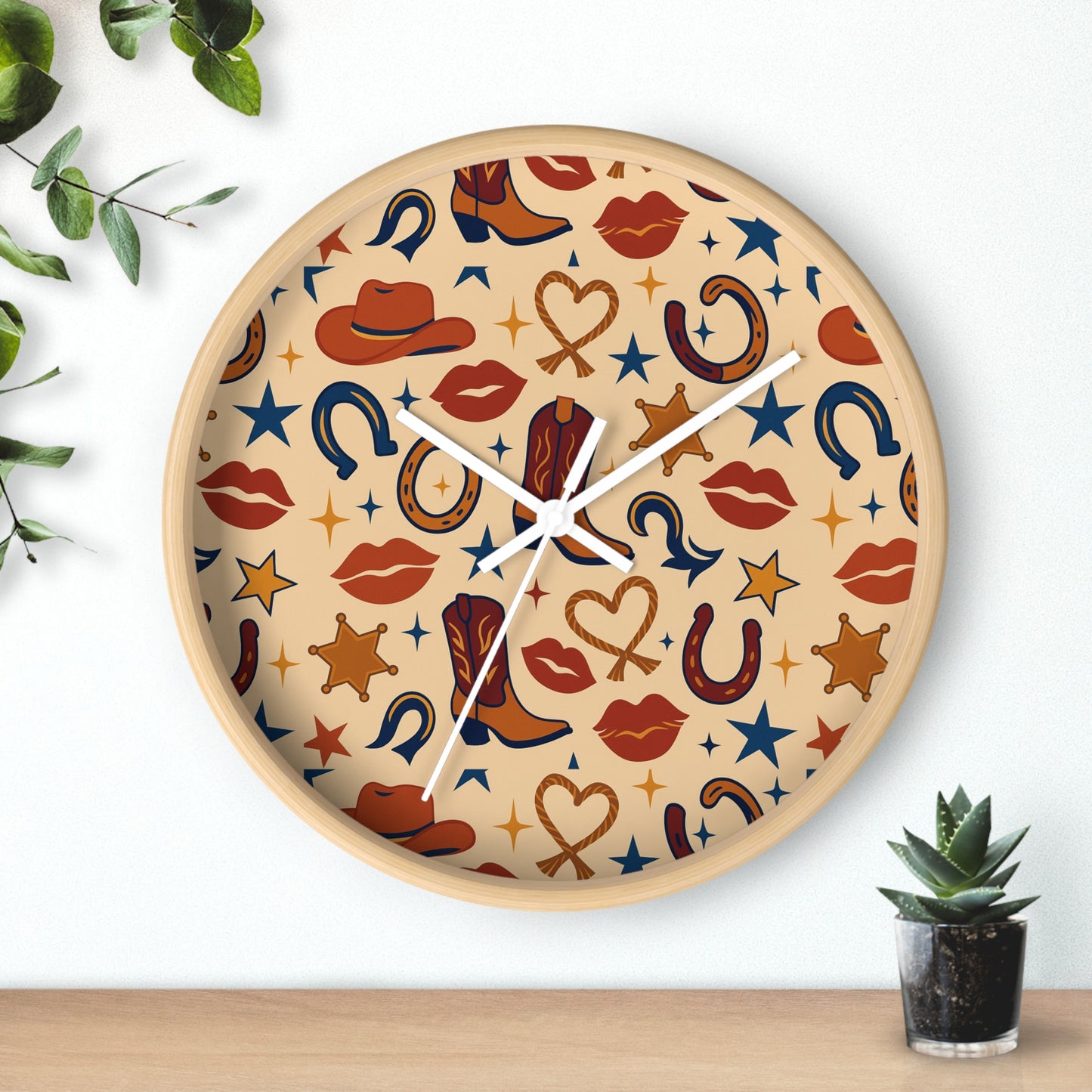 Cowgirl Kiss Wild West Wall Clock – Retro Western Lips, Stars & Boots Pattern