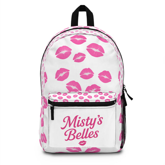 Backpack with pink kiss prints and logo, perfect for daily use and travel.