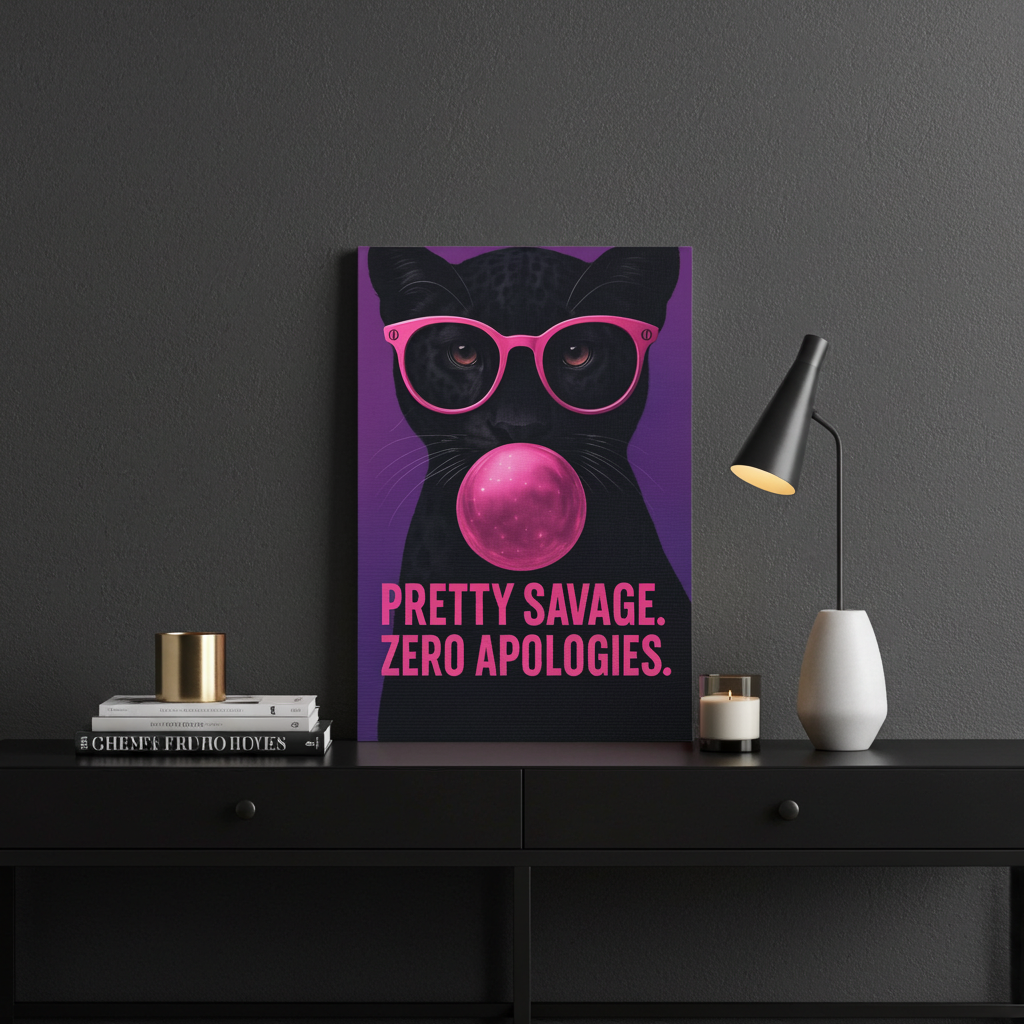 Canvas Wall Art — "Pretty Savage. Zero Apologies." Black Cat Pop Art