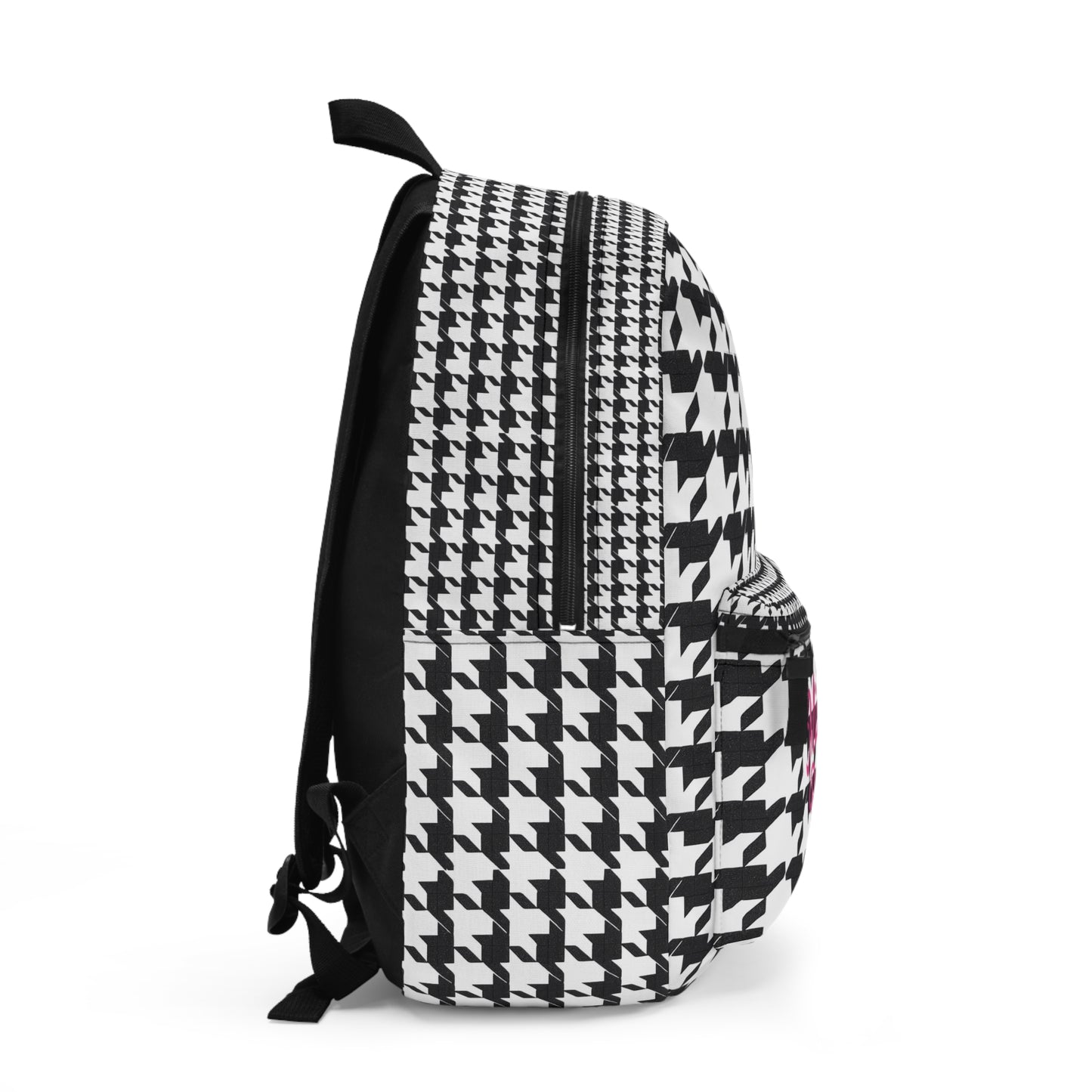 Side view of a stylish houndstooth patterned backpack with adjustable straps and spacious design.