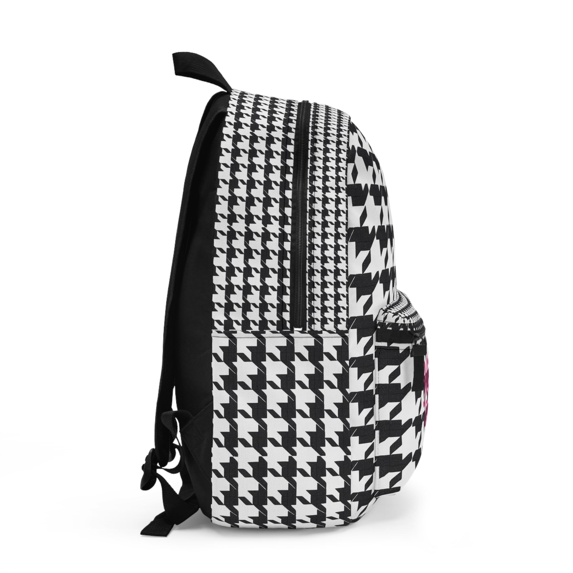 Side view of a stylish houndstooth patterned backpack with adjustable straps and spacious design.