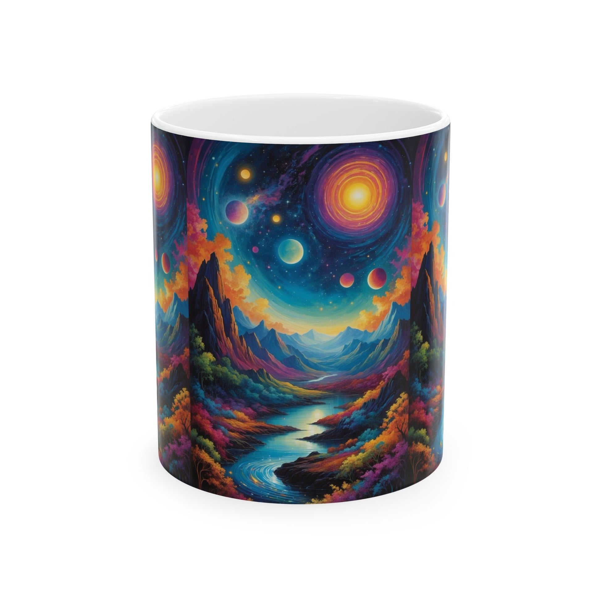 Ceramic Mug, (11oz, 15oz) featuring a stunning cosmic landscape design with vibrant colors and celestial elements.
