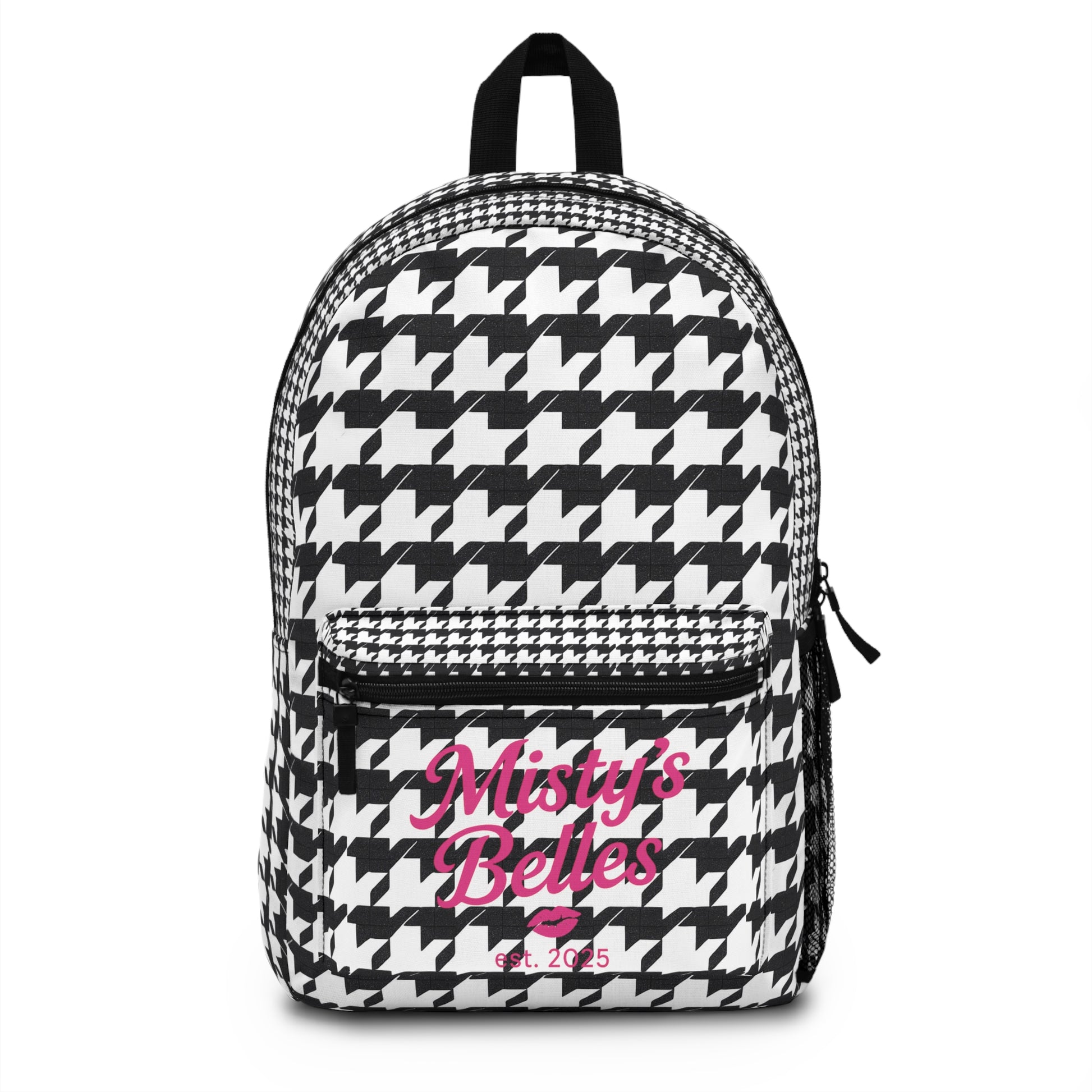 Stylish backpack featuring a houndstooth pattern and the text 'Misty's Belles' in pink.