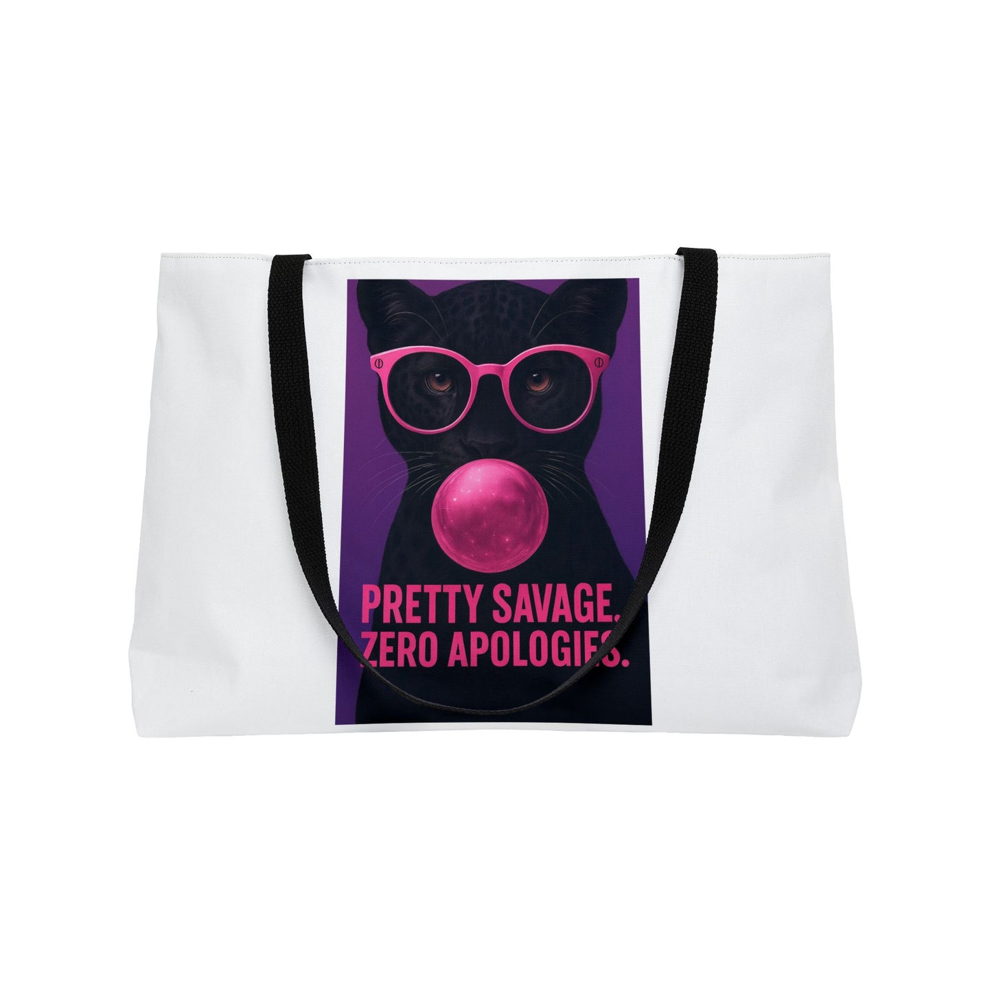 Weekender Tote Bag — "Pretty Savage, Zero Apologies" Cat Design & Kiss Print