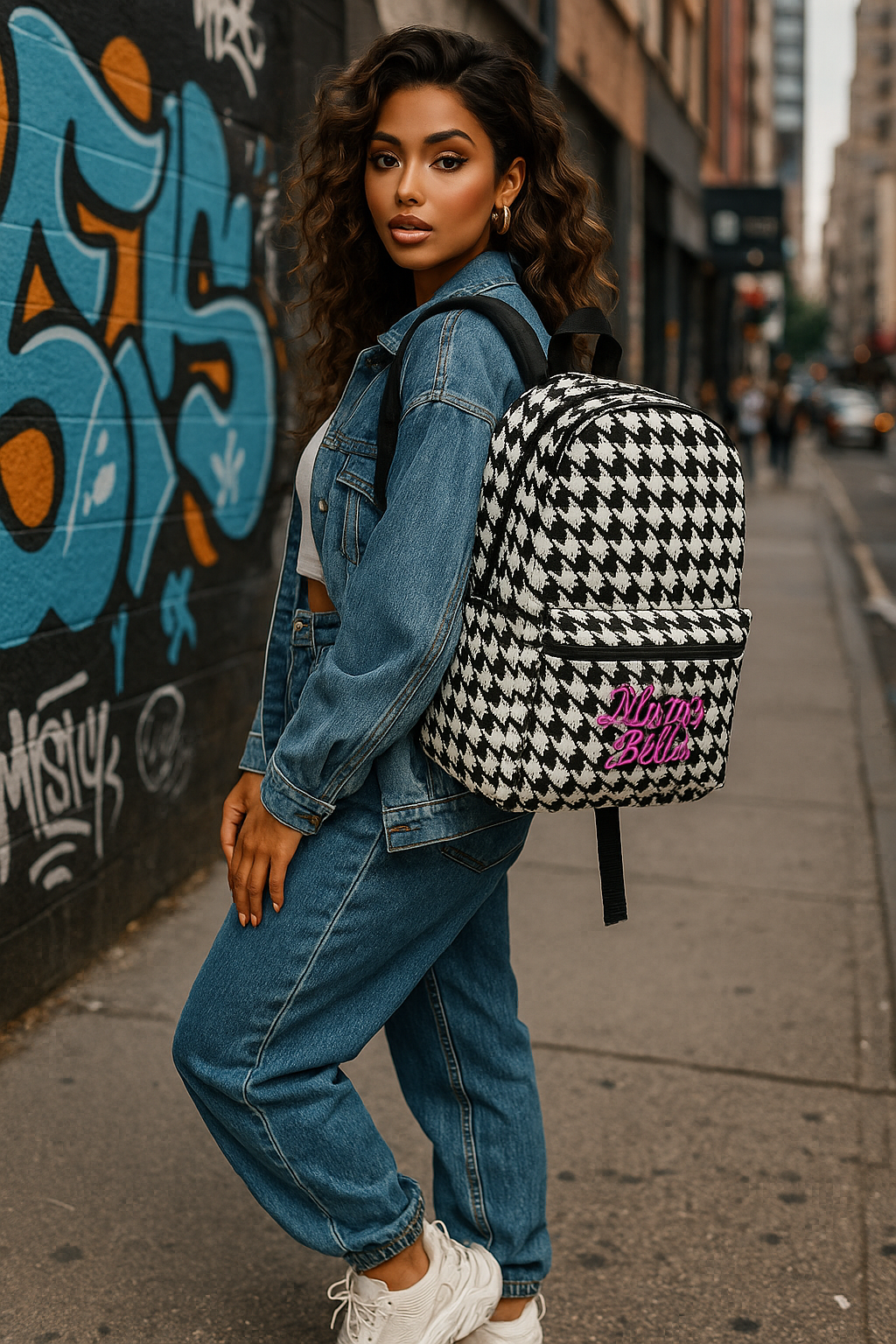 Stylish young woman wearing a denim outfit with a houndstooth Backpack on city street.