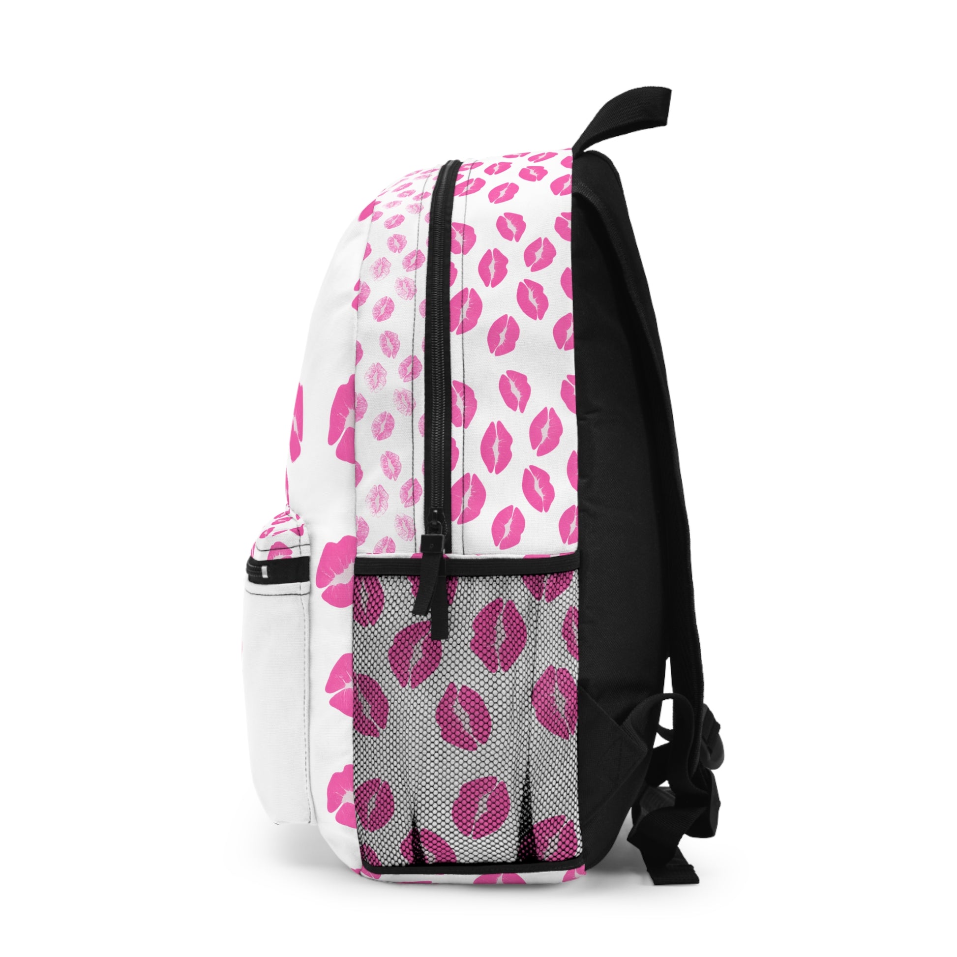 Stylish pink lips print backpack with adjustable straps and durable design, perfect for daily use.