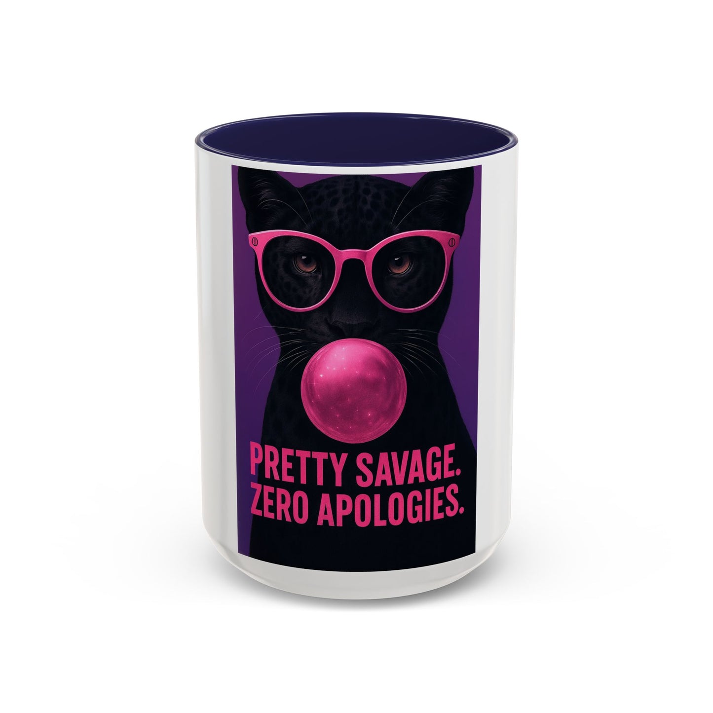 Pretty Savage Zero Apologies™ Pop Art Mug – Bold Black Cat Bubblegum Cup  (15oz)