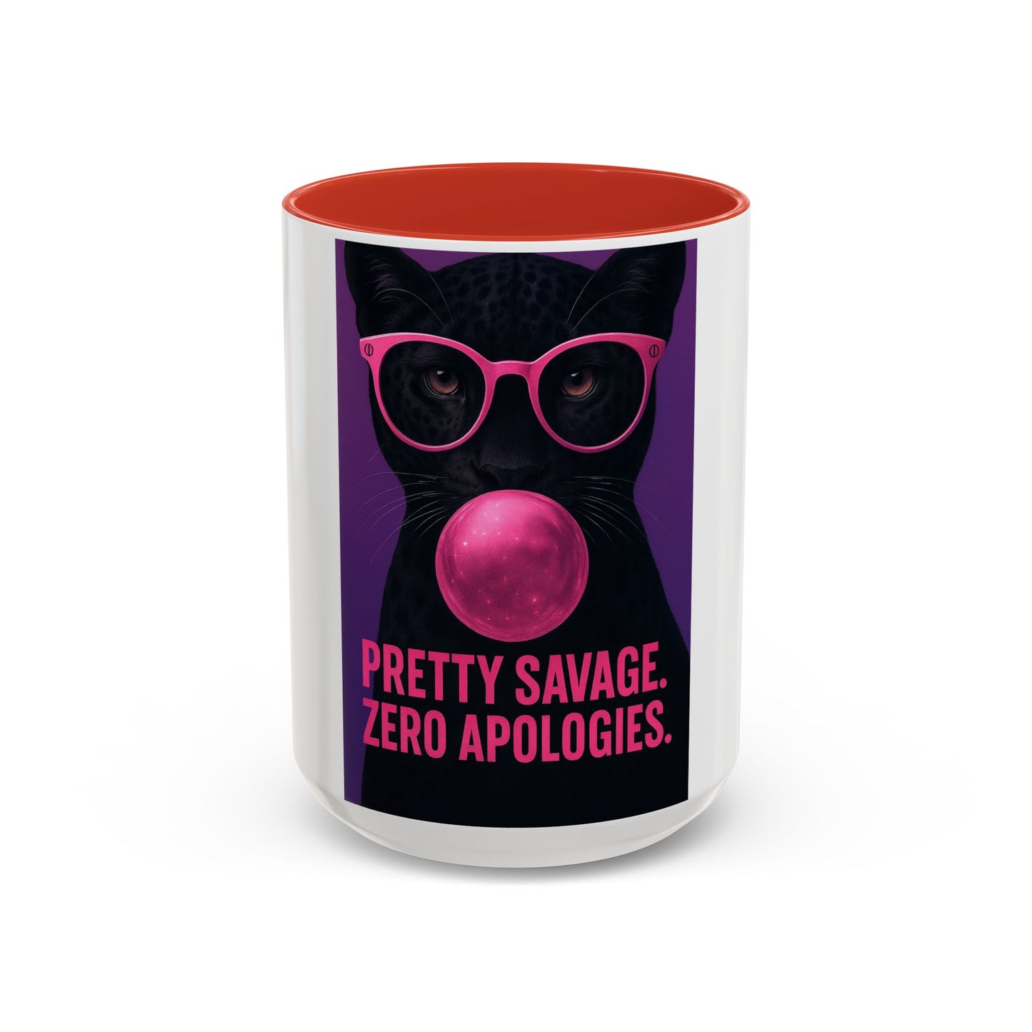 Pretty Savage Zero Apologies™ Pop Art Mug – Bold Black Cat Bubblegum Cup  (15oz)