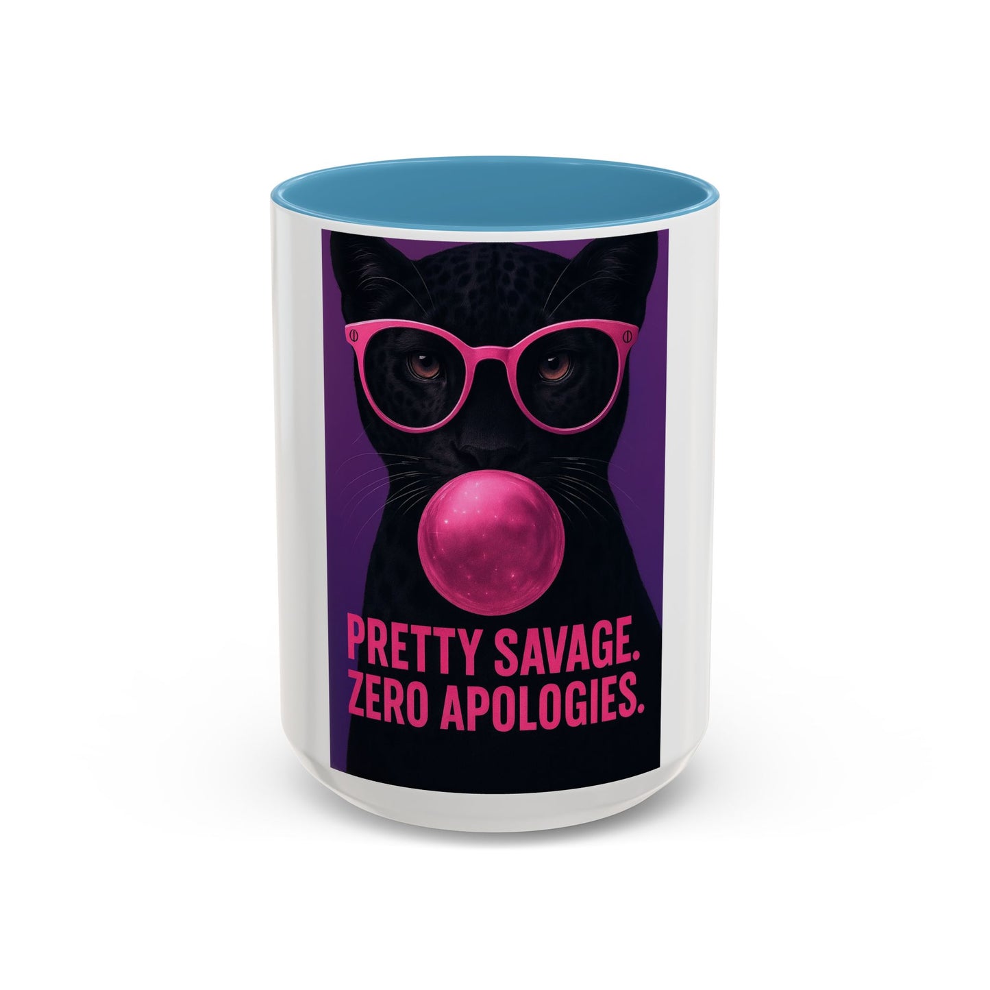 Pretty Savage Zero Apologies™ Pop Art Mug – Bold Black Cat Bubblegum Cup  (15oz)