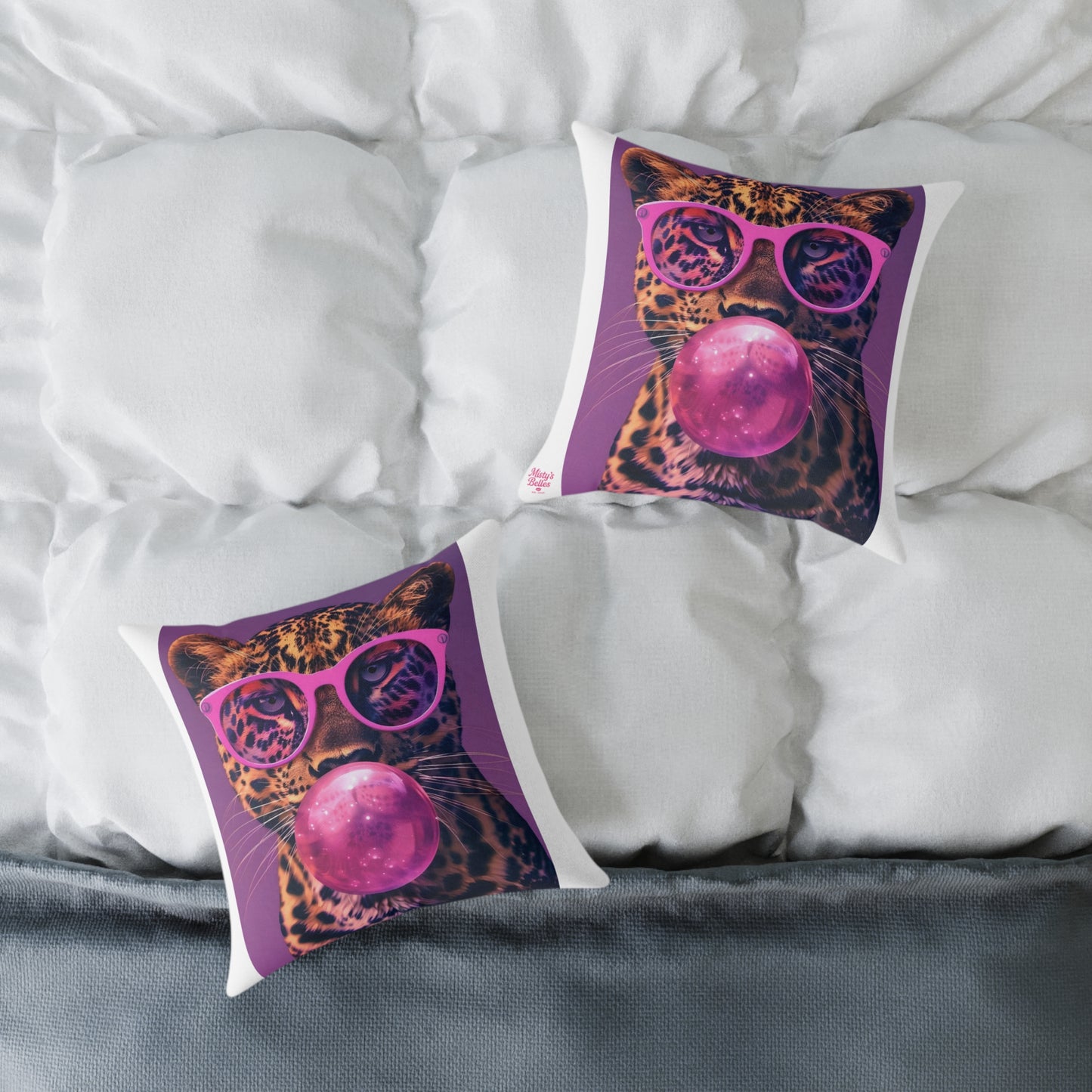 Savage Cat Bubblegum Throw Pillow — Neon Leopard Pop-Art Accent Cushion