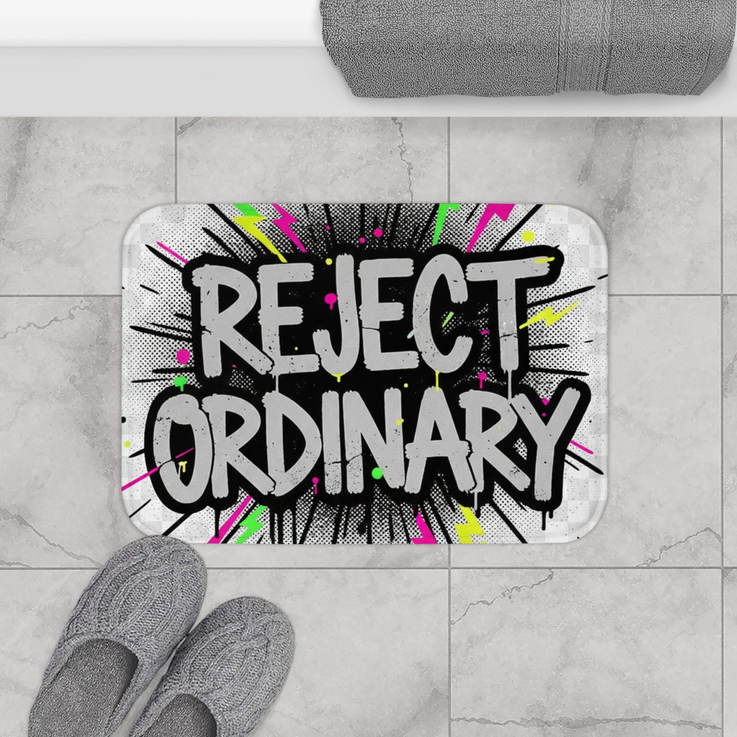 Reject Ordinary Bath Mat — Bold Graffiti Inspirational Bath Rug for Teens & Adults