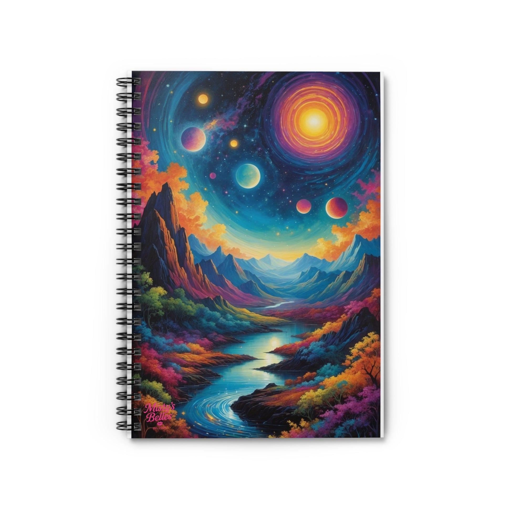 Spiral Notebook - Ruled Line featuring vibrant cosmic landscape design with planets and mountains.
