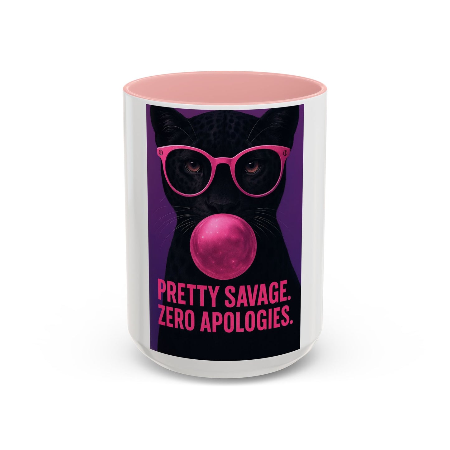 Pretty Savage Zero Apologies™ Pop Art Mug – Bold Black Cat Bubblegum Cup  (15oz)