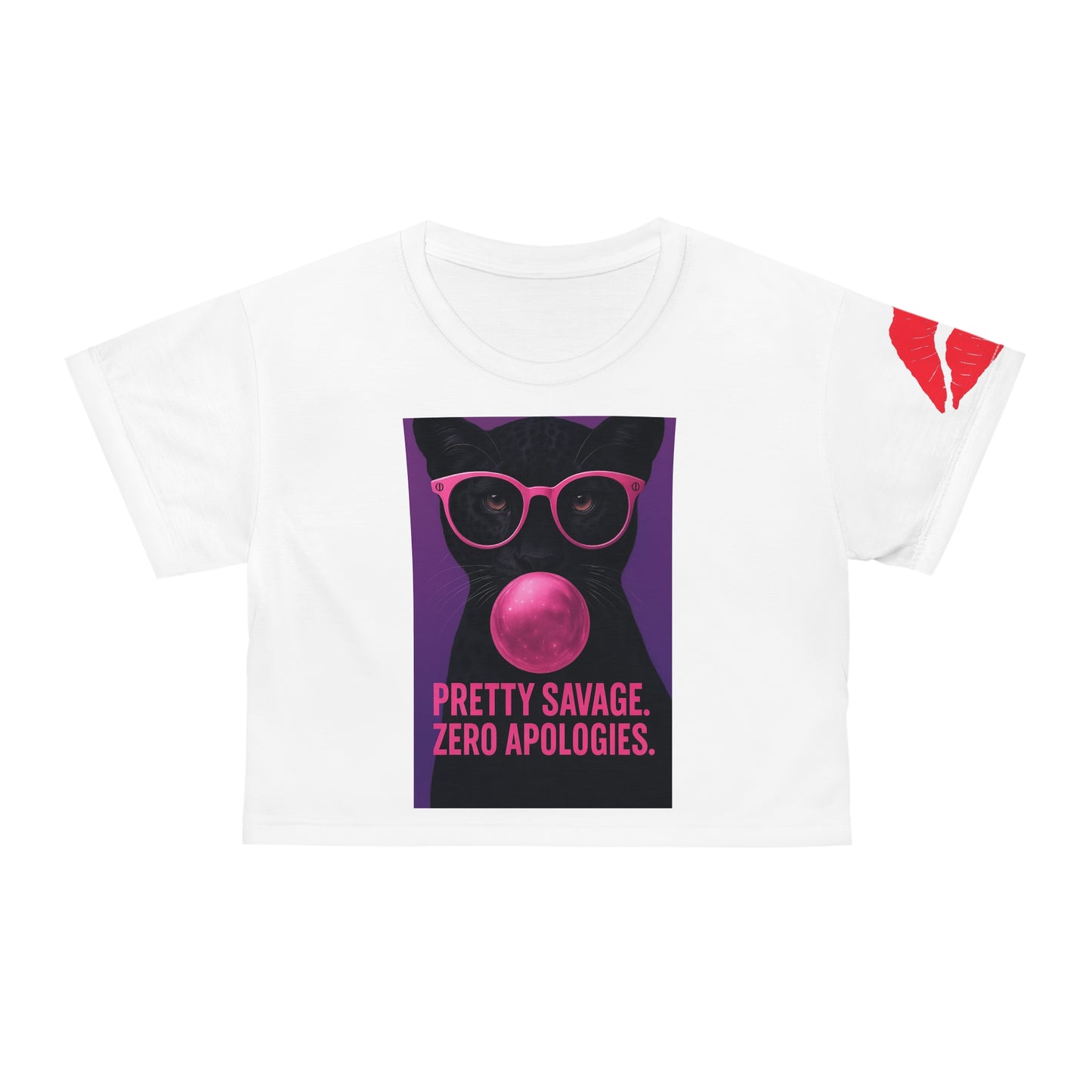 Pretty Savage Crop Tee — Bold Cat with Bubblegum & Back Kiss Graphic