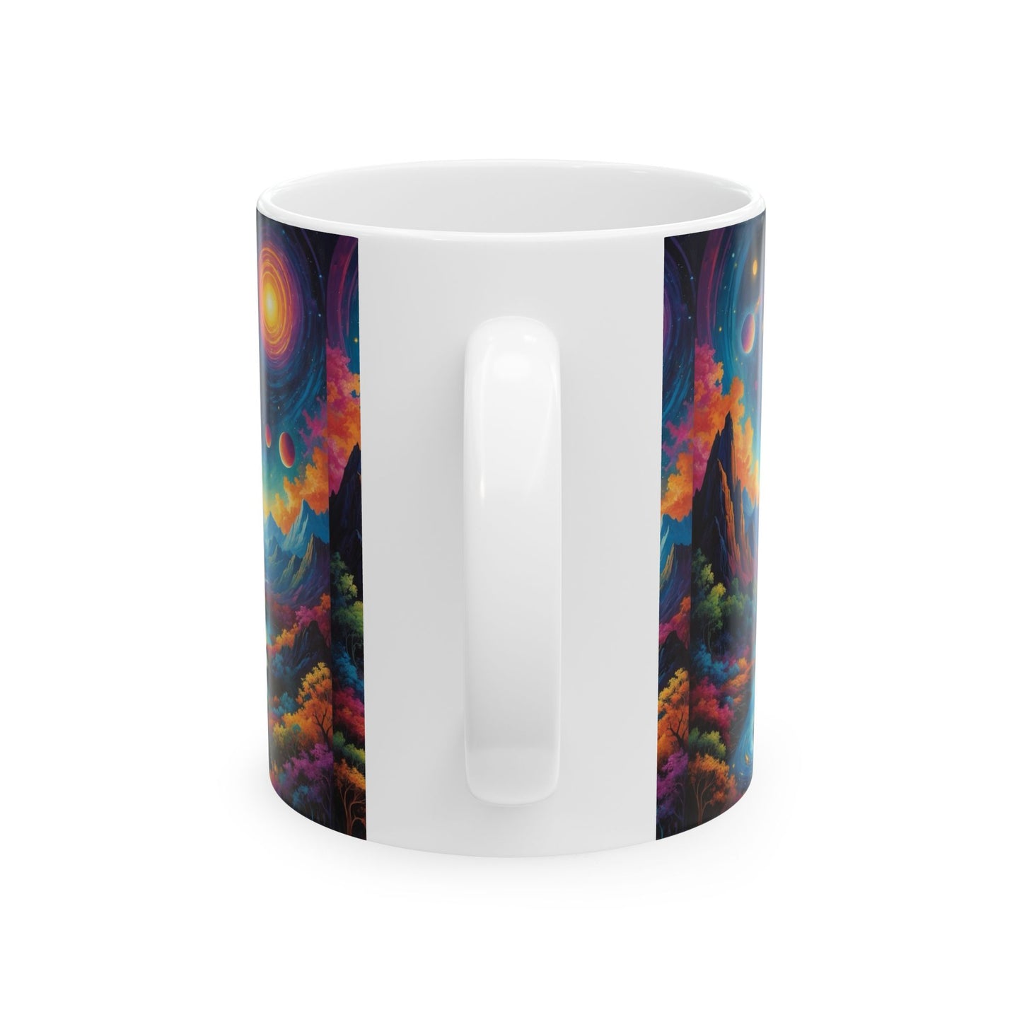 Ceramic Mug, (11oz, 15oz) with colorful galaxy design, perfect for personalized gifts and everyday use.