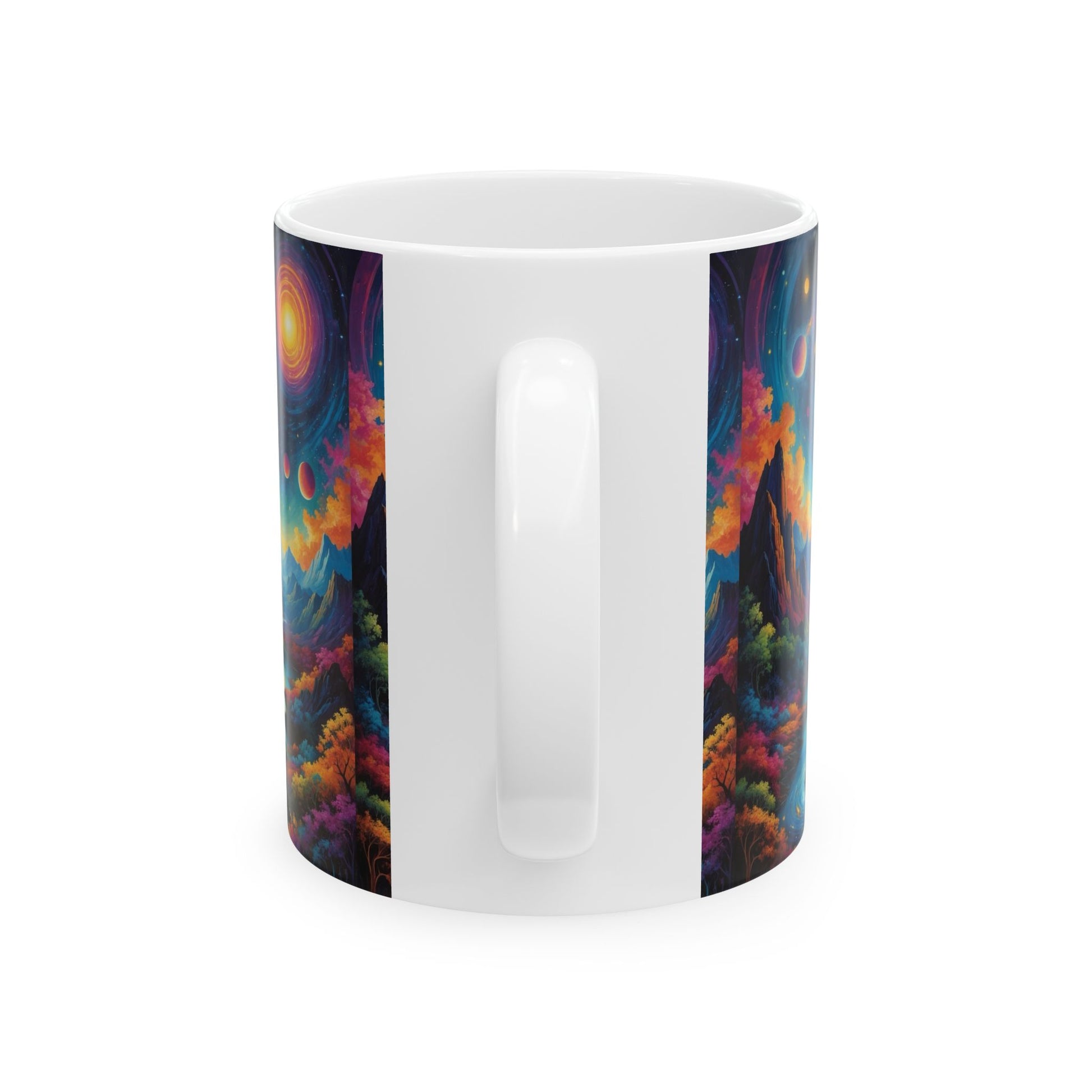 Ceramic Mug, (11oz, 15oz) with colorful galaxy design, perfect for personalized gifts and everyday use.