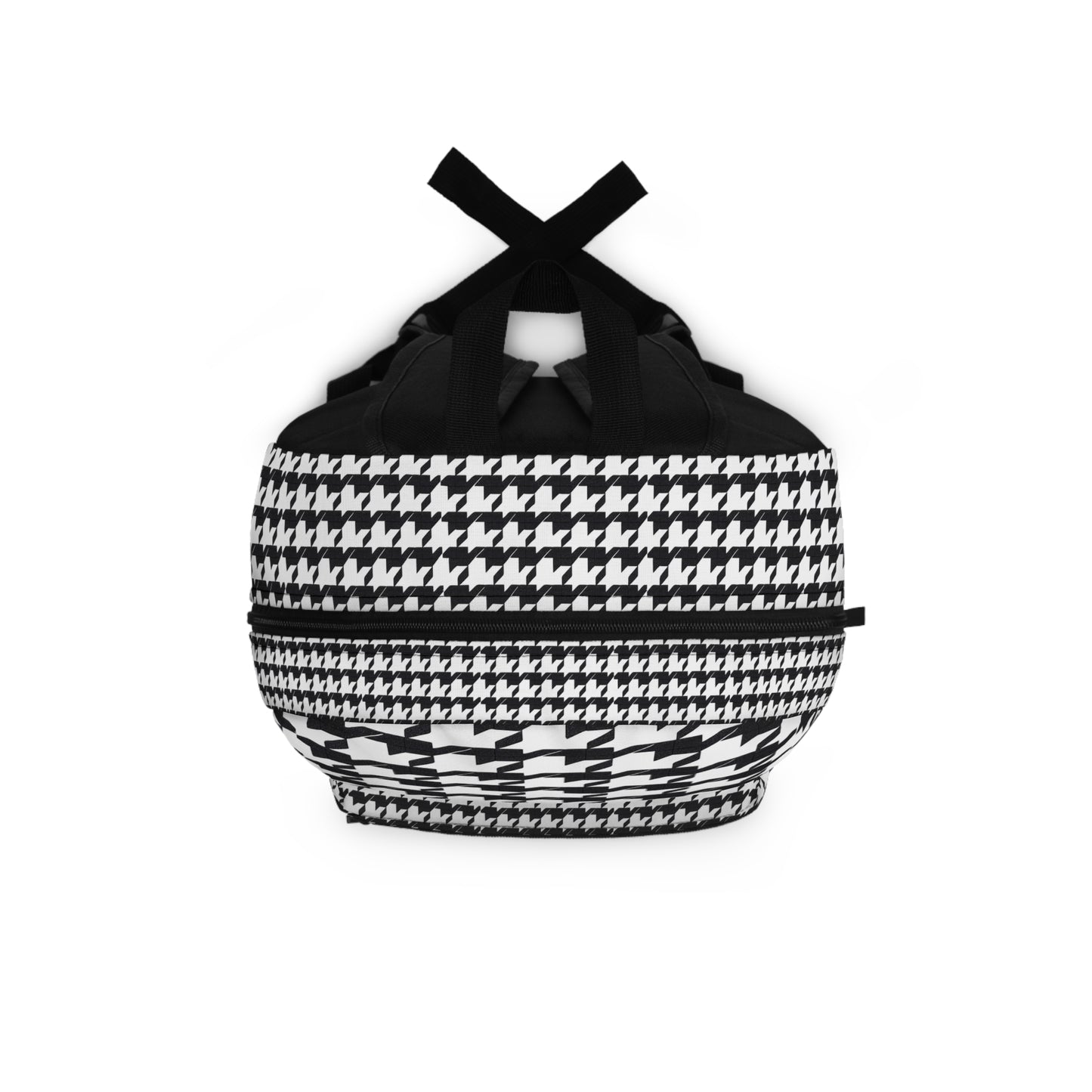 Stylish black and white houndstooth patterned backpack with durable straps.