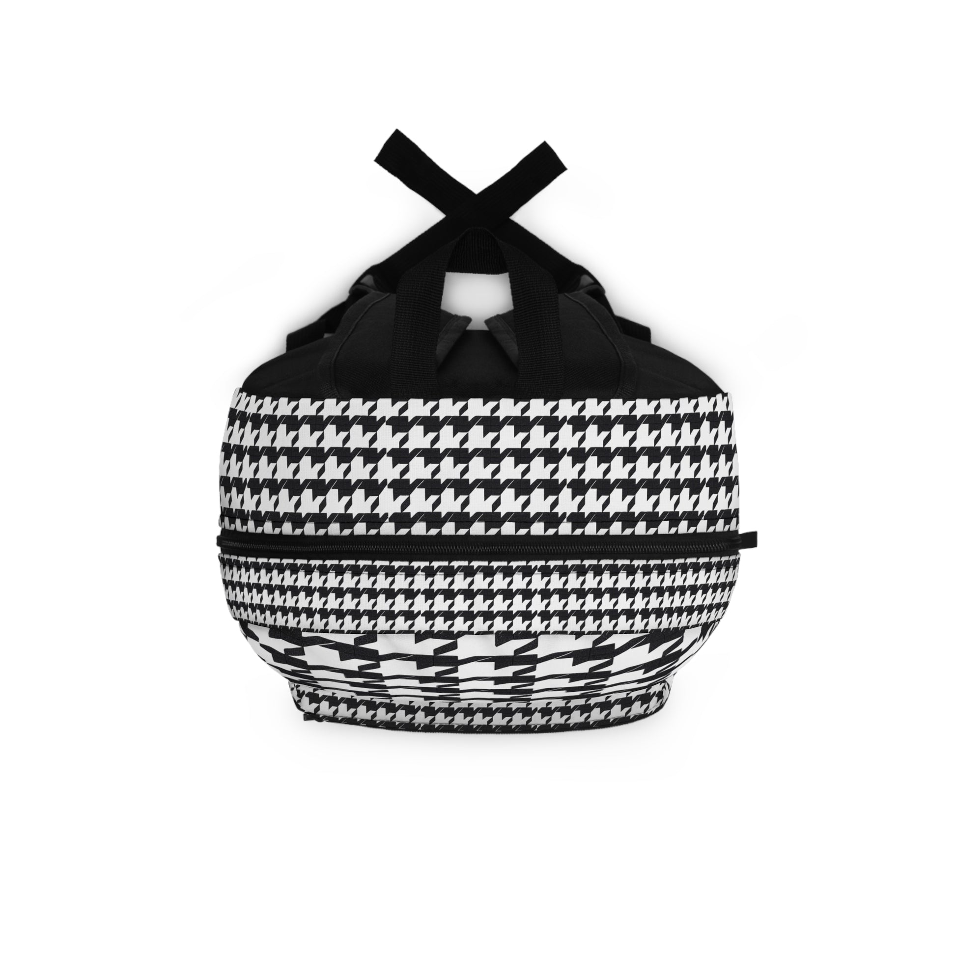 Stylish black and white houndstooth patterned backpack with durable straps.
