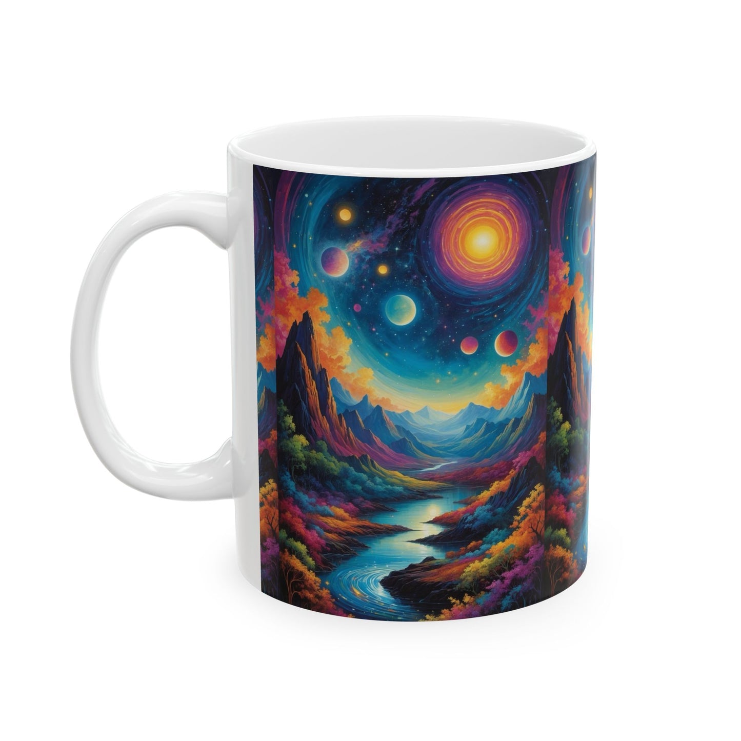 Ceramic Mug, (11oz, 15oz) featuring vibrant cosmic landscape design with colorful planets and river scene.