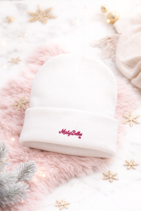 ✨ MistyBelles Signature White Beanie | Embroidered Logo Streetwear