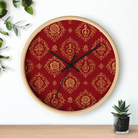 Imperial Rose & Gold Filigree Wall Clock – Regal Vintage Baroque Decor