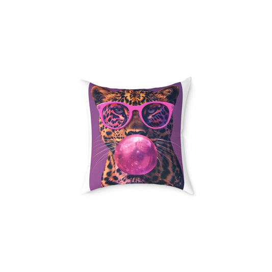Savage Cat Bubblegum Throw Pillow — Neon Leopard Pop-Art Accent Cushion