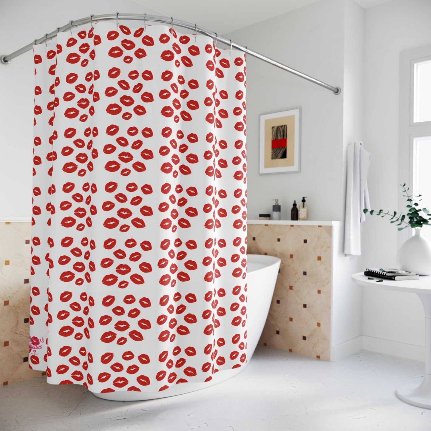 Shower Curtains with red lips pattern, adding a stylish touch to any bathroom decor.