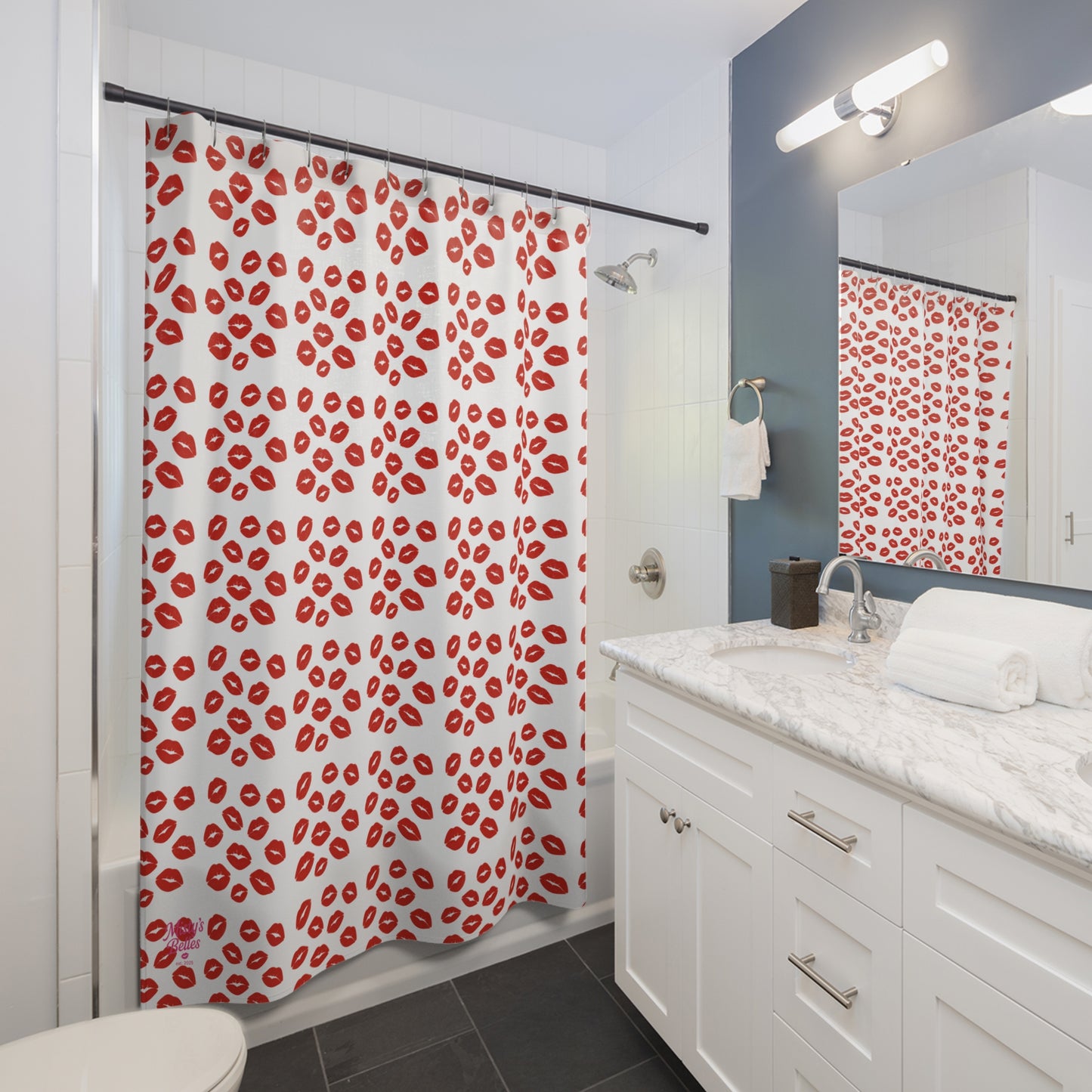 Shower Curtains featuring red lips pattern in a modern bathroom setting.