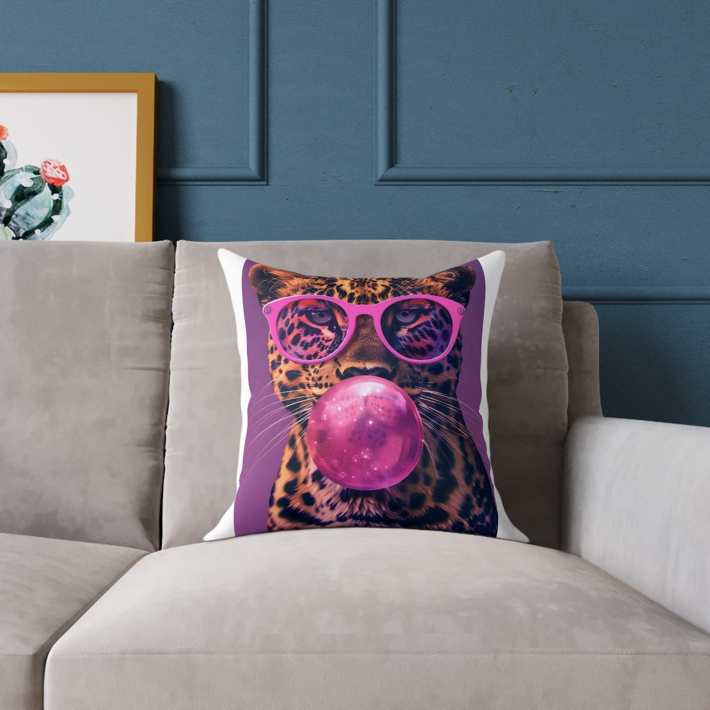 Savage Cat Bubblegum Throw Pillow — Neon Leopard Pop-Art Accent Cushion