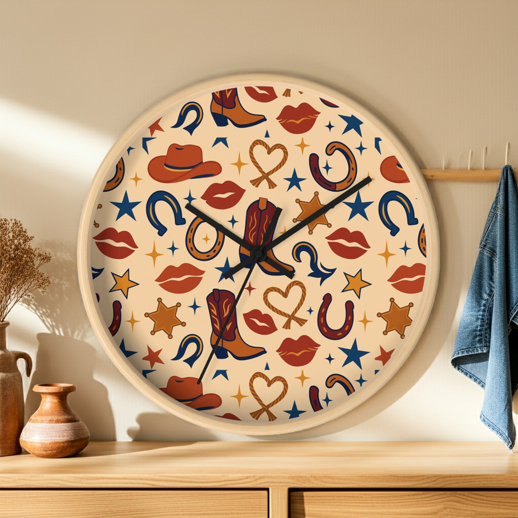 Cowgirl Kiss Wild West Wall Clock – Retro Western Lips, Stars & Boots Pattern
