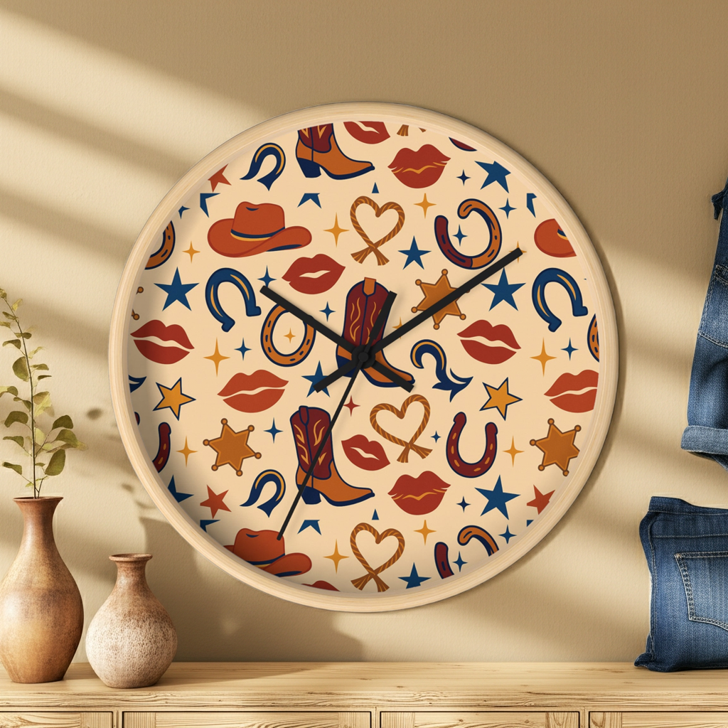 Cowgirl Kiss Wild West Wall Clock – Retro Western Lips, Stars & Boots Pattern