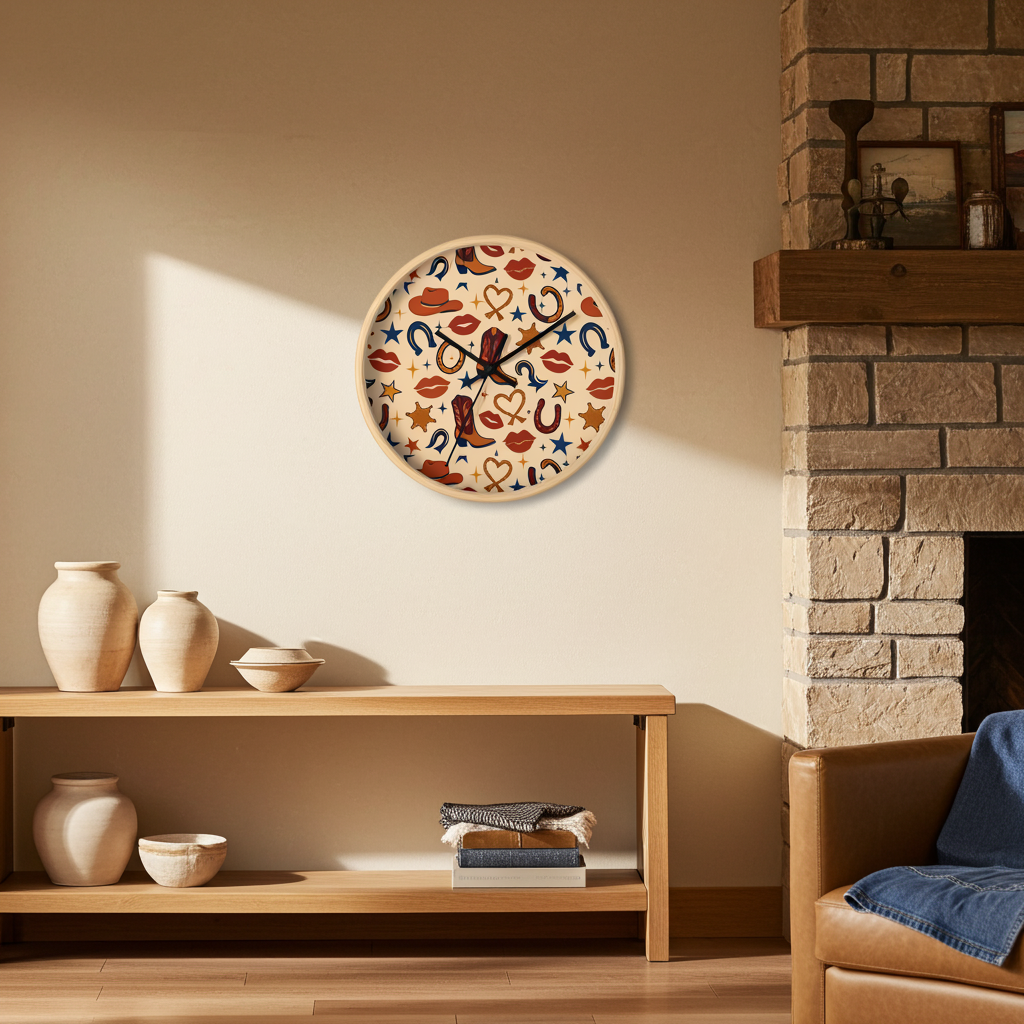 Cowgirl Kiss Wild West Wall Clock – Retro Western Lips, Stars & Boots Pattern