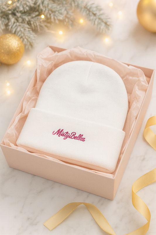 ✨ MistyBelles Signature White Beanie | Embroidered Logo Streetwear