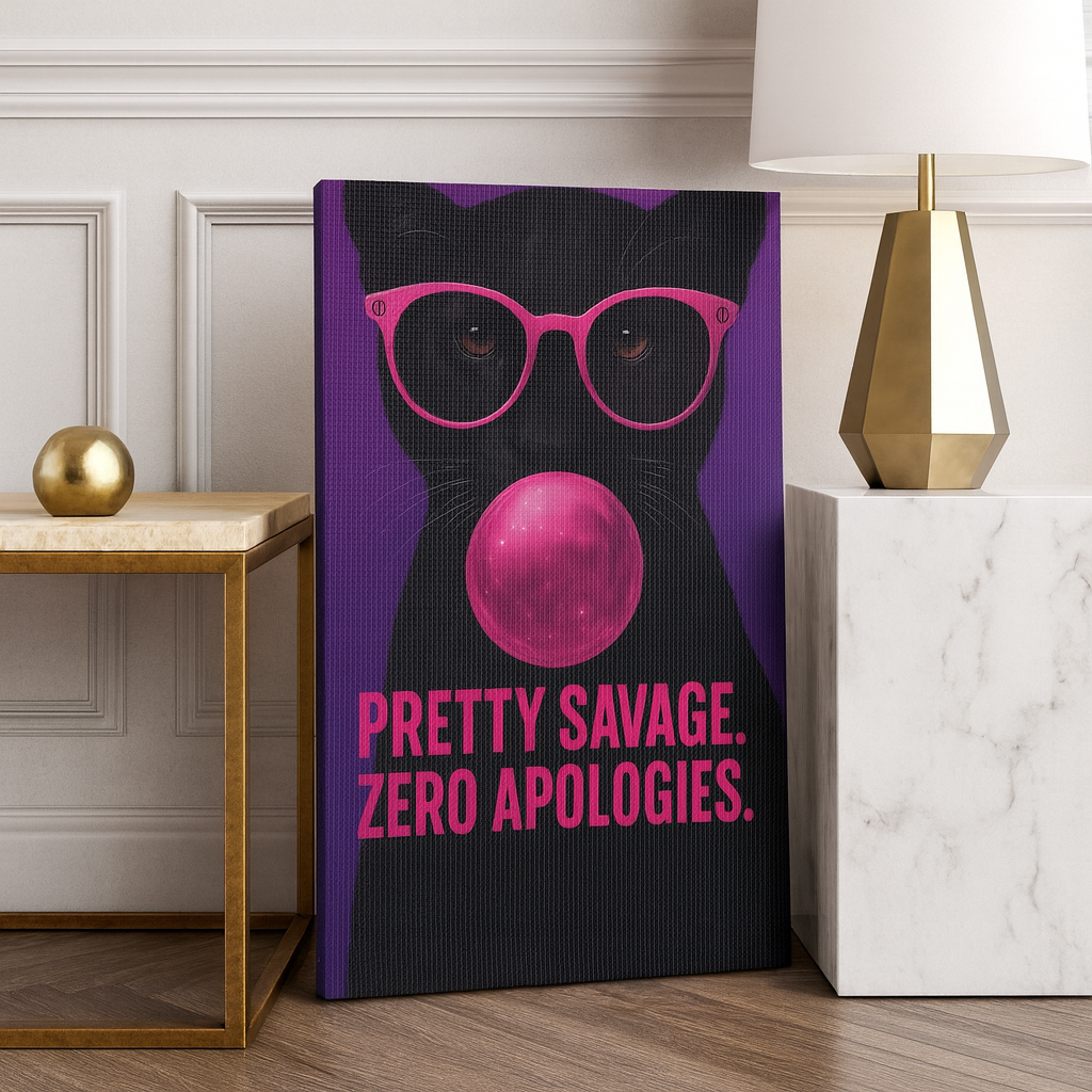 Canvas Wall Art — "Pretty Savage. Zero Apologies." Black Cat Pop Art