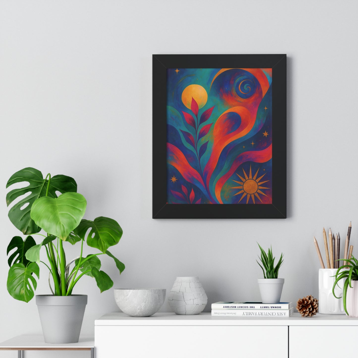 Framed Vertical Poster — Colorful Celestial Botanical Art Print