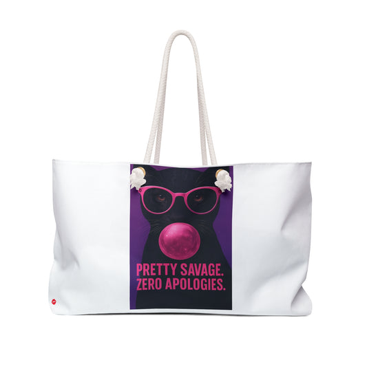 Weekender Bag — "Pretty Savage. Zero Apologies." Cat Design with Lip Print