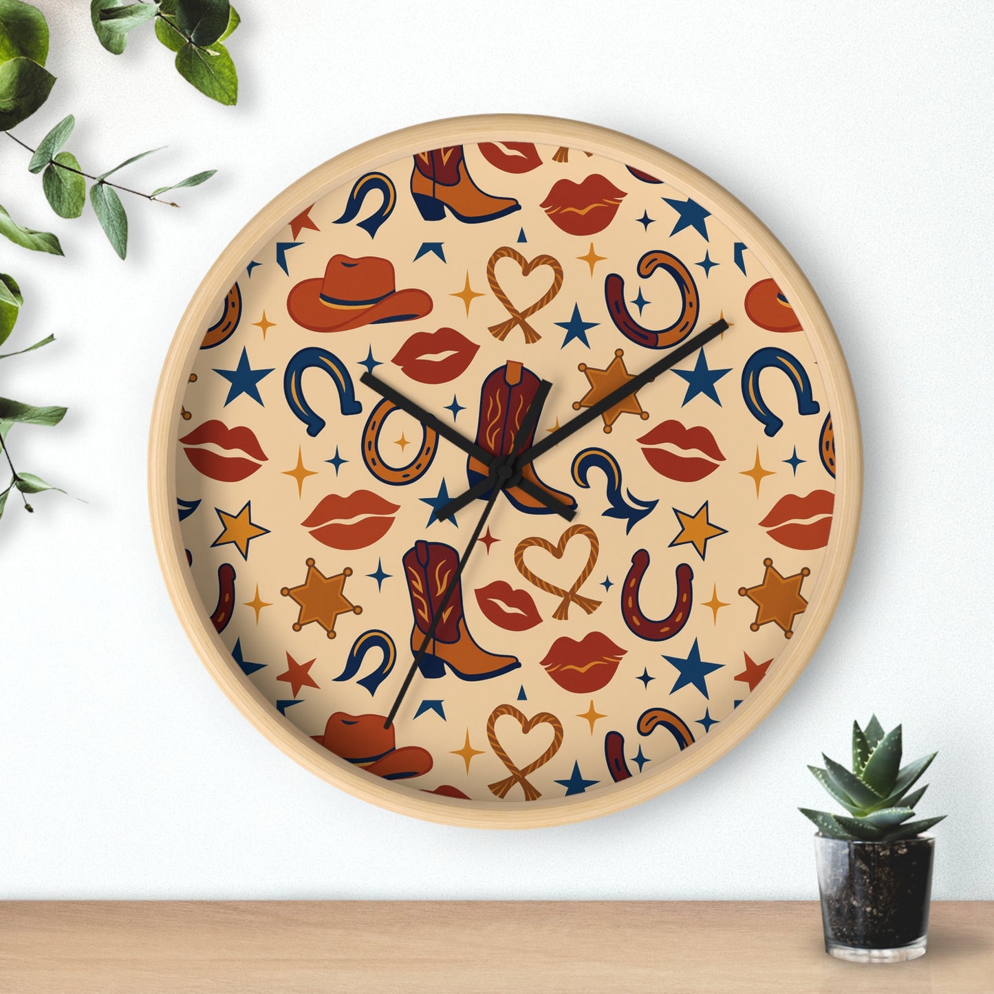 Cowgirl Kiss Wild West Wall Clock – Retro Western Lips, Stars & Boots Pattern