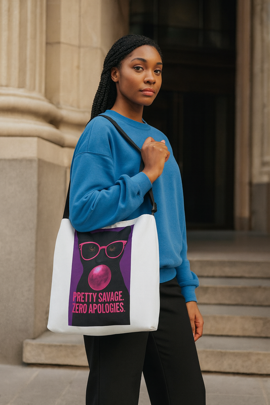Pretty Savage Cat Tote — "Pretty Savage. Zero Apologies." Adjustable Tote Bag