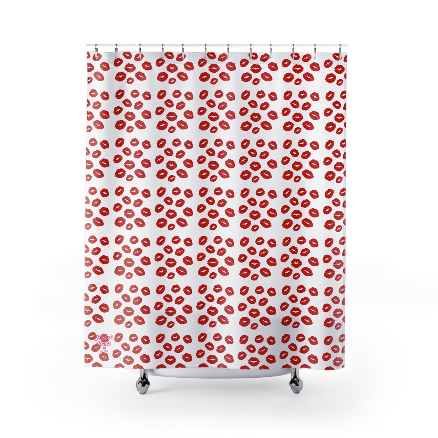 Shower Curtains featuring a playful pattern of red lips on a white background, adding a unique touch to any bathroom.