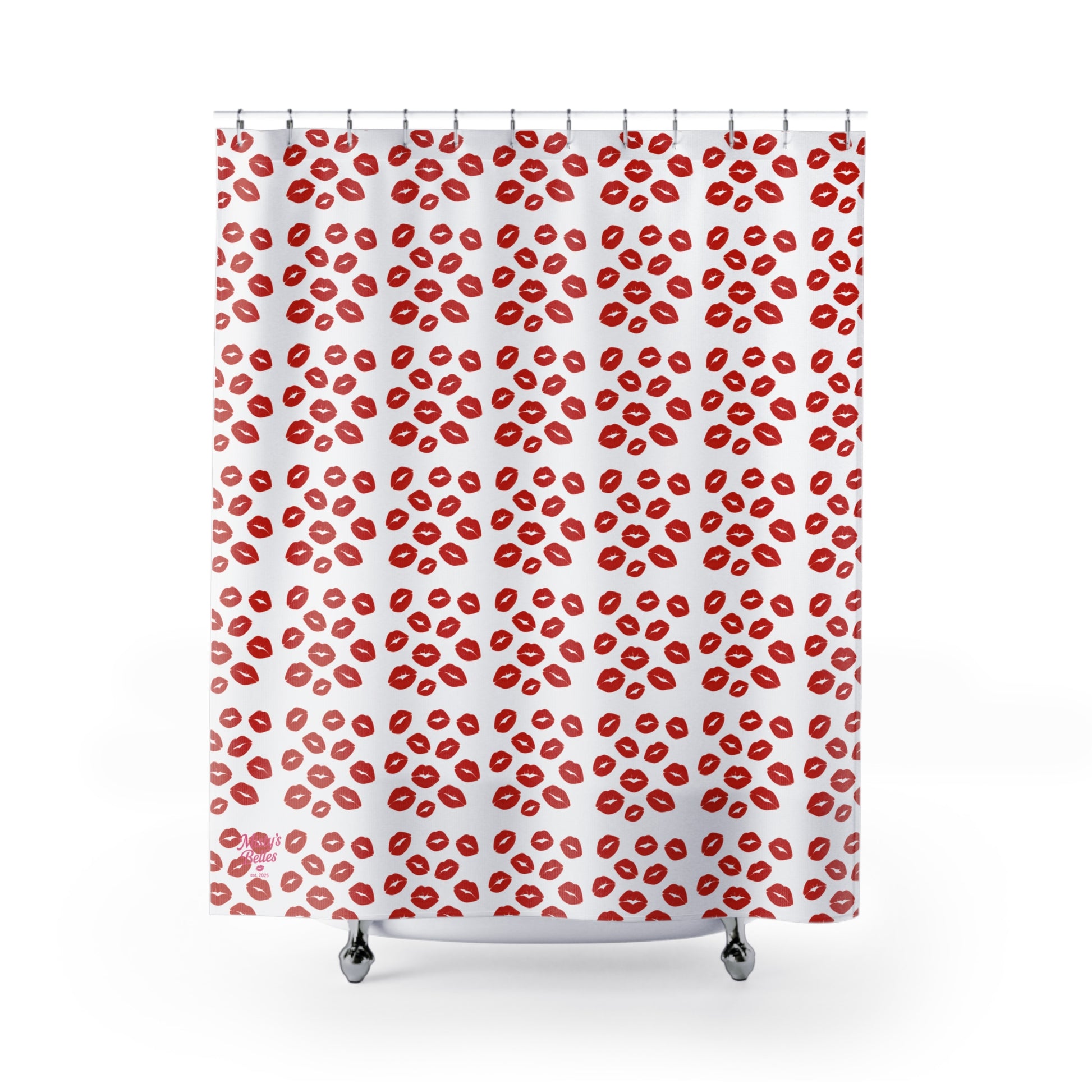 Shower Curtains featuring a playful pattern of red lips on a white background, adding a unique touch to any bathroom.