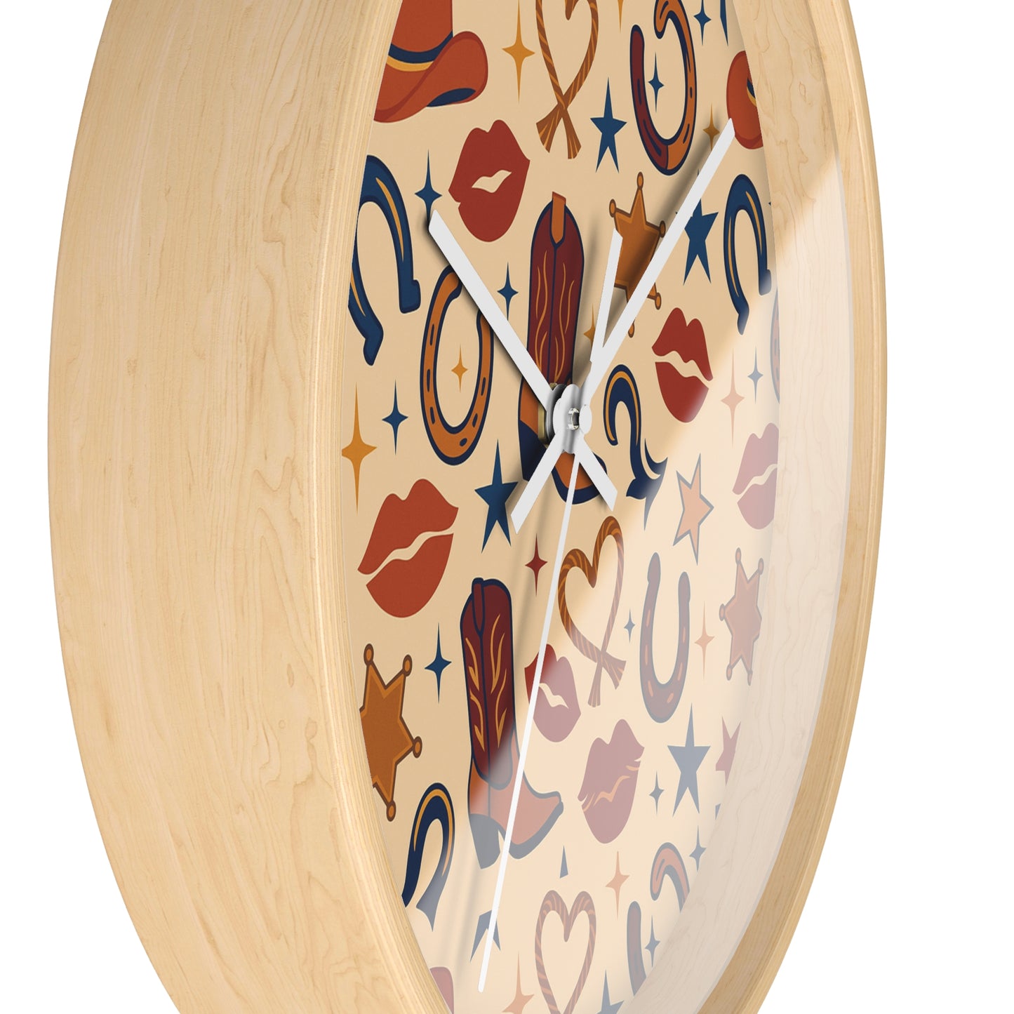 Cowgirl Kiss Wild West Wall Clock – Retro Western Lips, Stars & Boots Pattern