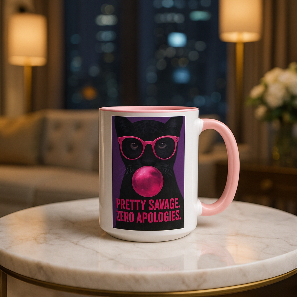Pretty Savage Zero Apologies™ Pop Art Mug – Bold Black Cat Bubblegum Cup  (15oz)