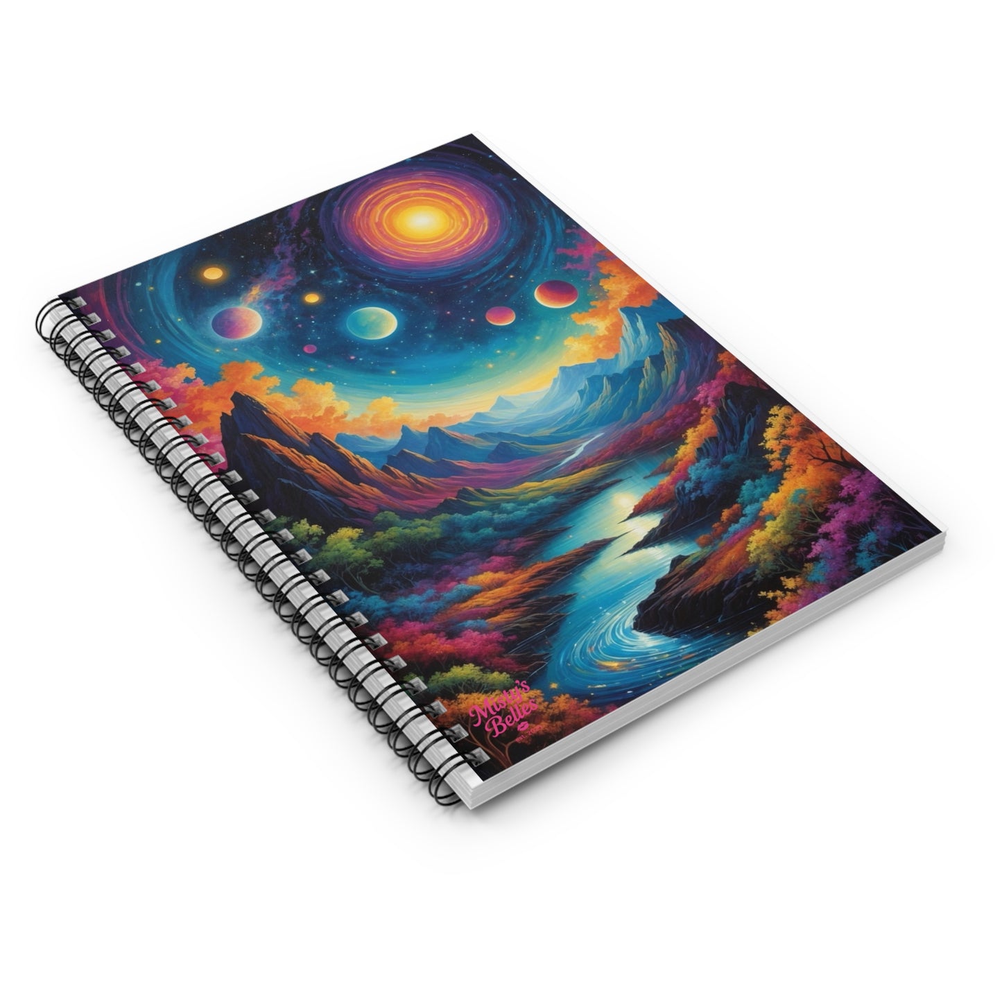 Spiral Notebook - Ruled Line with colorful cosmic design, featuring planets and mountains on the cover.
