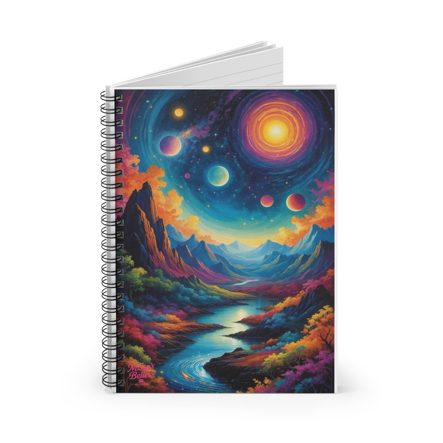 Spiral Notebook - Ruled Line with vibrant cosmic landscape design featuring mountains, a river, and planets.
